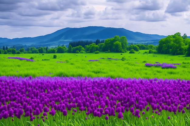 Linda paisagem natural de primavera e verão com um campo de flores roxas de trevo