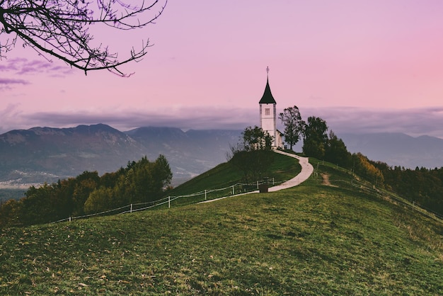 Linda paisagem por do sol da igreja Jamnik na Eslovênia na colina verde com as árvores e o céu rosa