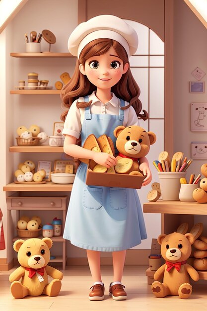 Linda panadera y oso de peluche con elemento de panadería ilustración de dibujos animados dibujada a mano