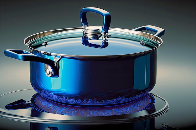 Foto linda panela azul para cozinhar no forno fora da panela de aço no queimador de gás