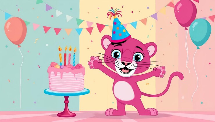 Foto linda pantera de dibujos animados con pastel de cumpleaños ilustración de diseño plano