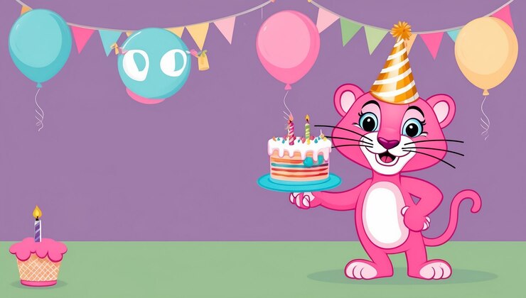 Foto linda pantera de dibujos animados con pastel de cumpleaños ilustración de diseño plano