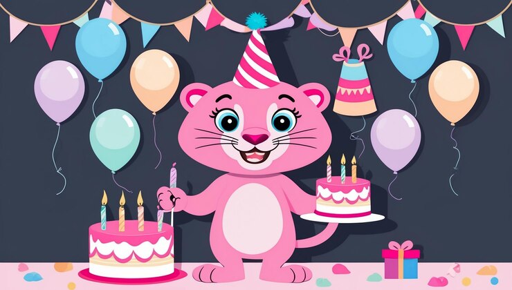 Foto linda pantera de dibujos animados con pastel de cumpleaños ilustración de diseño plano