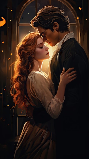 Una linda pareja besándose en un estado de ánimo romántico Ilustración de papel de pared HD 8K