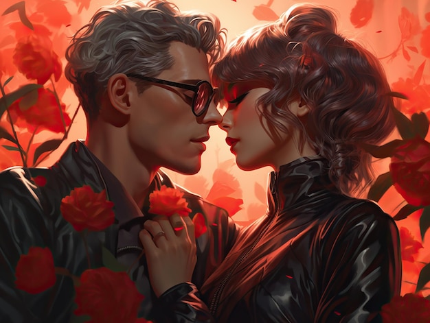 Una linda pareja besándose en un estado de ánimo romántico Ilustración de papel de pared HD 8K