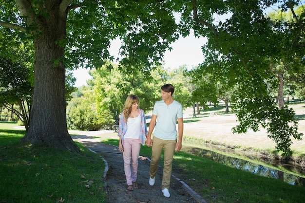 Linda pareja cariñosa caminando de la mano en el parque