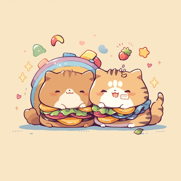 Foto linda pareja de gatos con hamburguesa