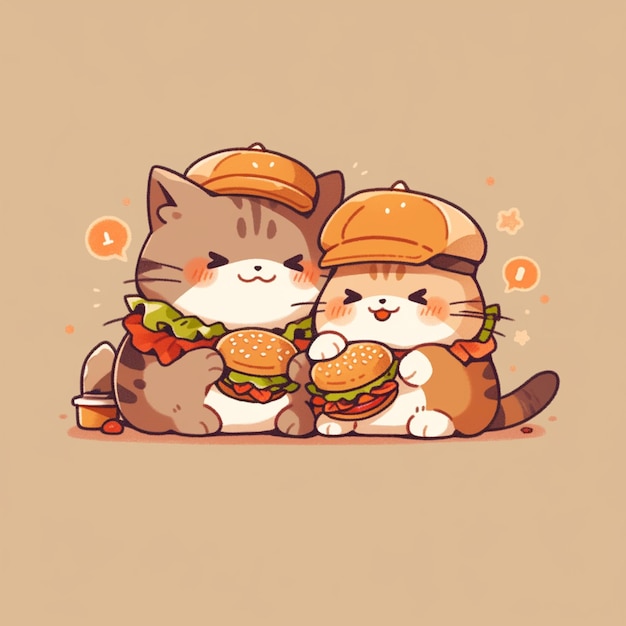 linda pareja de gatos con hamburguesa