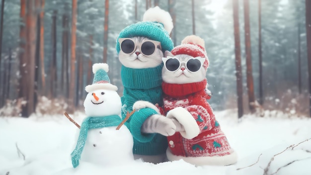 Una linda pareja de gatos con ropa de invierno y un hombre de nieve en el fondo del bosque de invierno
