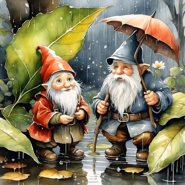 Una linda pareja de gnomos viejos escondiéndose de la lluvia.