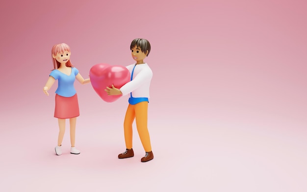 Linda pareja joven enamorada de globos en forma de corazón renderizado 3d