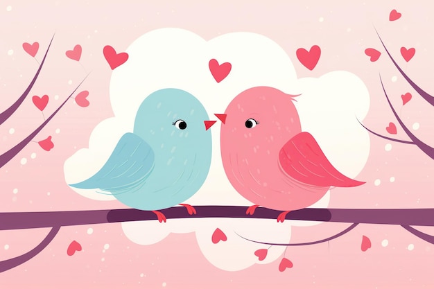 Foto una linda pareja de pájaros en una rama de árbol con corazones ilustración vectorial ia generativa