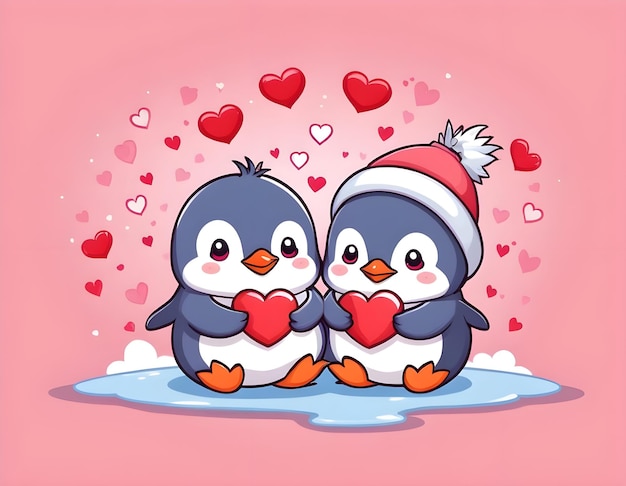 Foto una linda pareja de pingüinos de dibujos animados en el día de san valentín