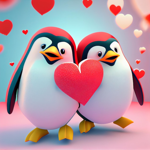 Linda pareja de pingüinos enamorados de corazones 3d render ilustración de dibujos animados