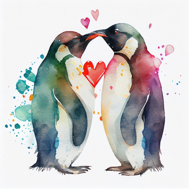 Linda pareja de pingüinos enamorados de corazones acuarela dibujo ilustración