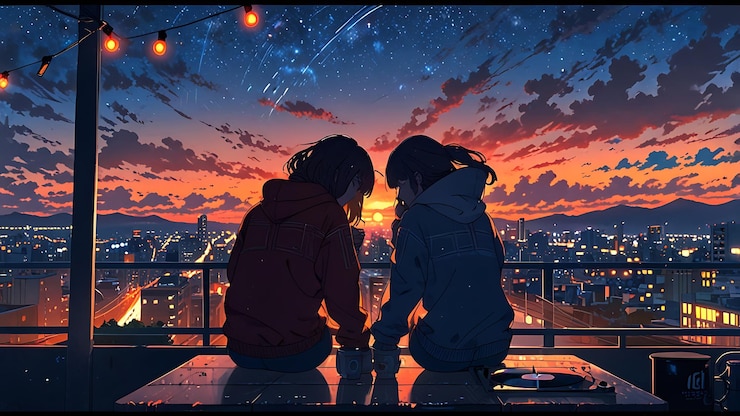 Una linda pareja romántica mirando la ciudad nocturna y la luna generativa ai