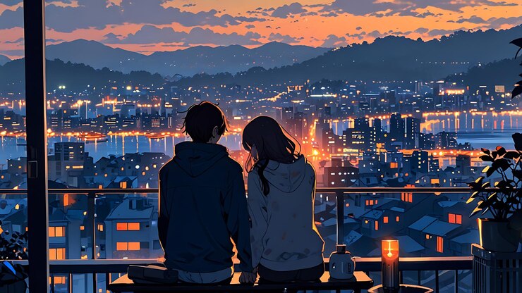 Una linda pareja romántica mirando la ciudad nocturna y la luna generativa ai