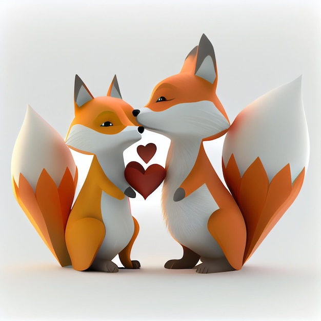 Linda pareja de zorros enamorados de corazones 3d render ilustración