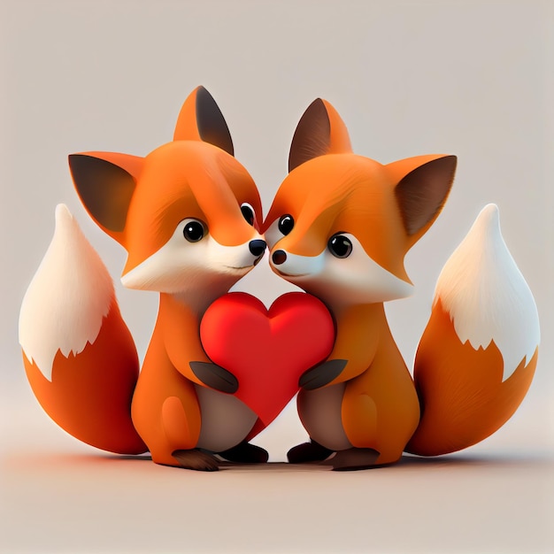 Linda pareja de zorros enamorados de corazones 3d render ilustración