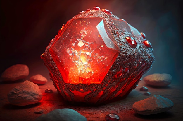 Linda pedra vermelha com brilho interno e cristais na iluminação da lanterna