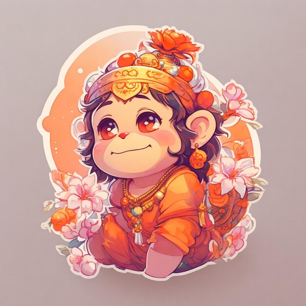 Una linda pegatina de lord hanuman con flores.