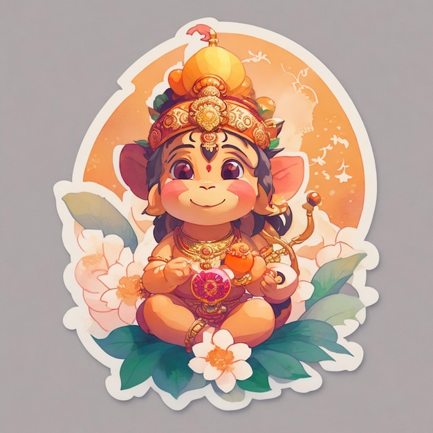 Una linda pegatina de lord hanuman con flores.