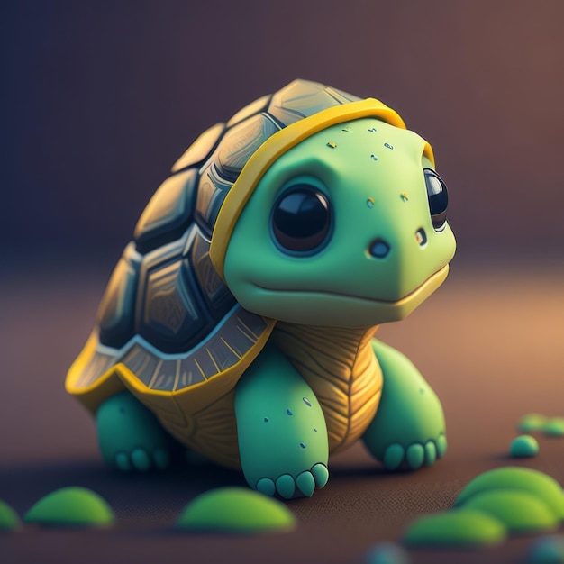 Linda y pequeña tortuga animada hiperrealista en 3D