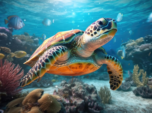 Linda pequeña tortuga marina nadando bajo el agua