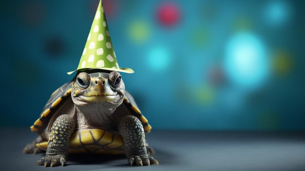 La linda pequeña tortuga verde con el sombrero de cumpleaños.