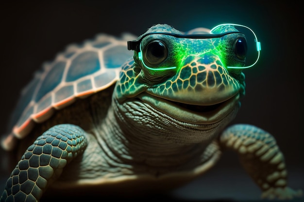 Linda pequeña tortuga verde sonriente feliz con gafas de neón AI generativa