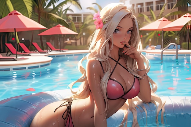 Linda personagem de anime garota sexy corpo biquíni verão vibe piscina