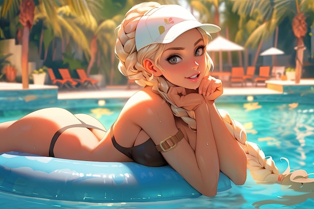 Linda personagem de anime garota sexy corpo biquíni verão vibe piscina