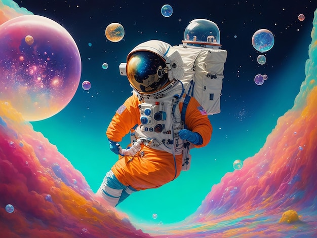 Linda pintura de um astronauta em uma galáxia de bolhas coloridas em um planeta diferente