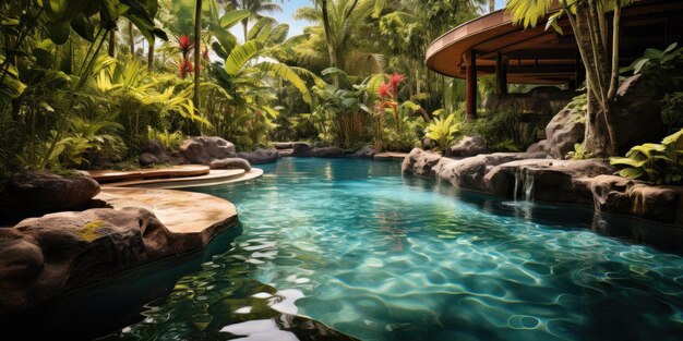 Linda piscina ao ar livre nos trópicos Relaxe Ilustração de alta qualidade IA generativa