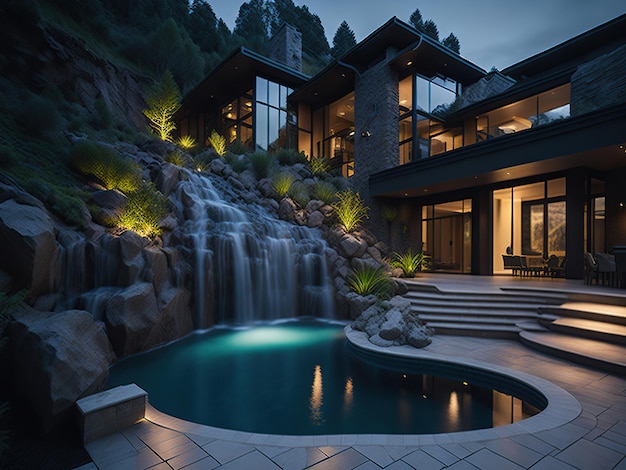 Linda piscina com cascata em casa moderna e aconchegante