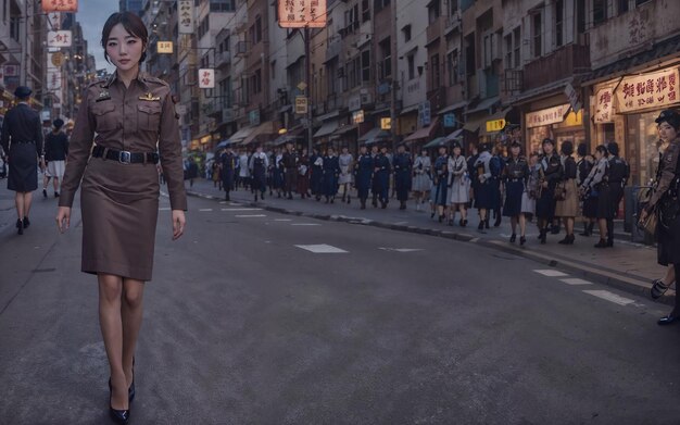 Linda policial tailandesa asiática na IA generativa da noite de rua