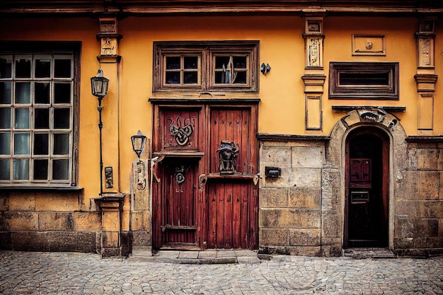 Foto linda porta medieval com decoração de ferro forjado em casa de pedra amarela