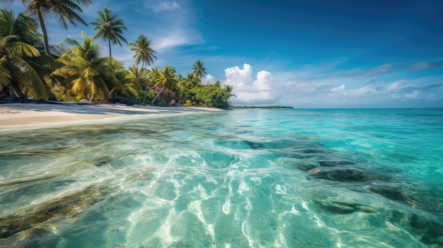 Linda praia com palmeiras e areia de águas cristalinas