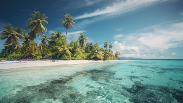 Linda praia com palmeiras e areia de águas cristalinas