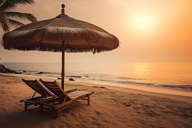 Linda praia com vista para o mar com gazebo e espreguiçadeira para férias relaxantes ao pôr do sol