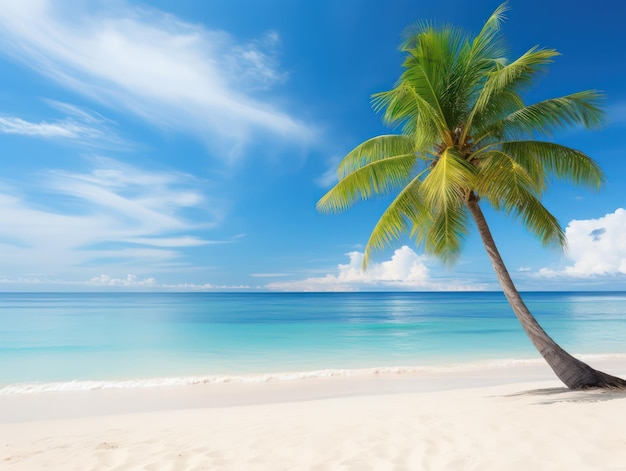 Linda praia tropical com oceano turquesa de areia branca no fundo do céu azul com nuvens