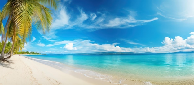 Linda praia tropical com oceano turquesa de areia branca no fundo do céu azul com nuvens