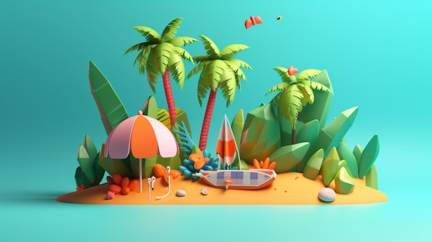 Linda praia tropical de verão conceito 3d bonito fundo colorido