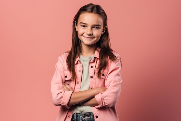 Foto linda preadolescente sonriendo con los brazos cruzados en un fondo rosa ia generativa