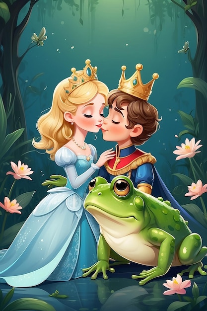 Linda princesa besando al príncipe rana Ilustración retrato de cuento de hadas de la adorable reina con su rey