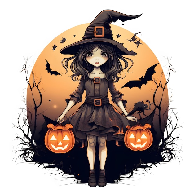 una linda princesa bruja sosteniendo una lámpara de calabaza en el mágico bosque sombrío de Hallowen