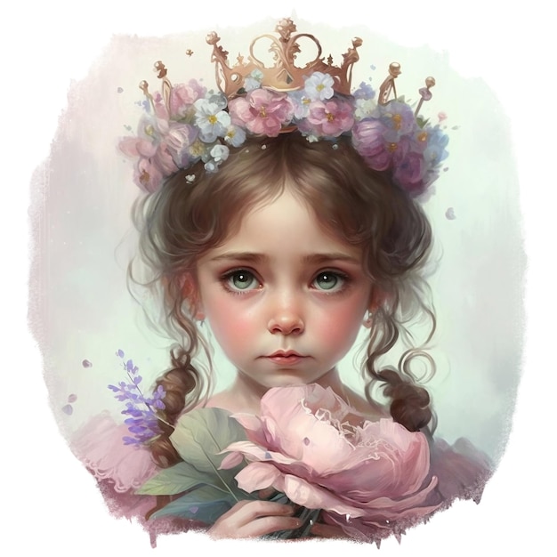 Linda princesa con corona de flores en ilustración acuarela