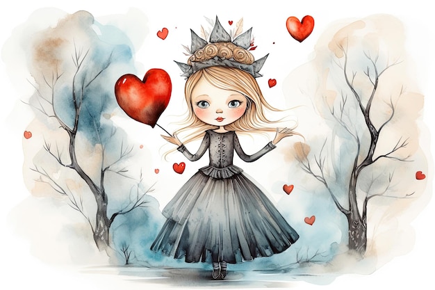Linda princesita con corazón Ilustración acuarela sobre fondo blanco