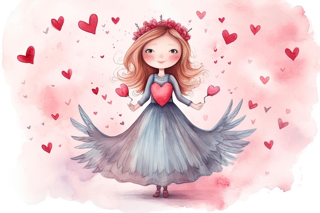 Linda princesita con corazón Ilustración acuarela sobre fondo blanco