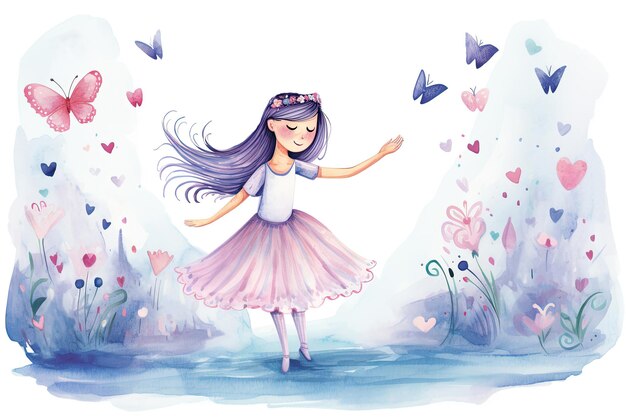 Linda princesita con corazón Ilustración acuarela sobre fondo blanco